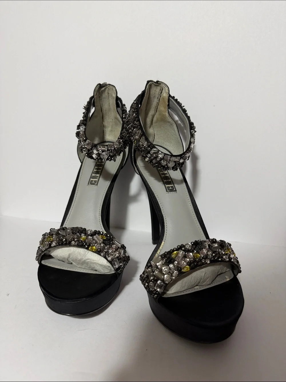 White by Vera Wang Black Jeweled Platform Ankle-Strap Heels